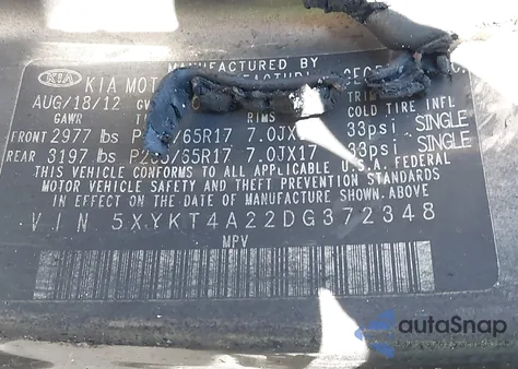 2013 Kia Sorento Lx V6 z USA, uszkodzony, nr VIN 5XYKT4A22DG372348